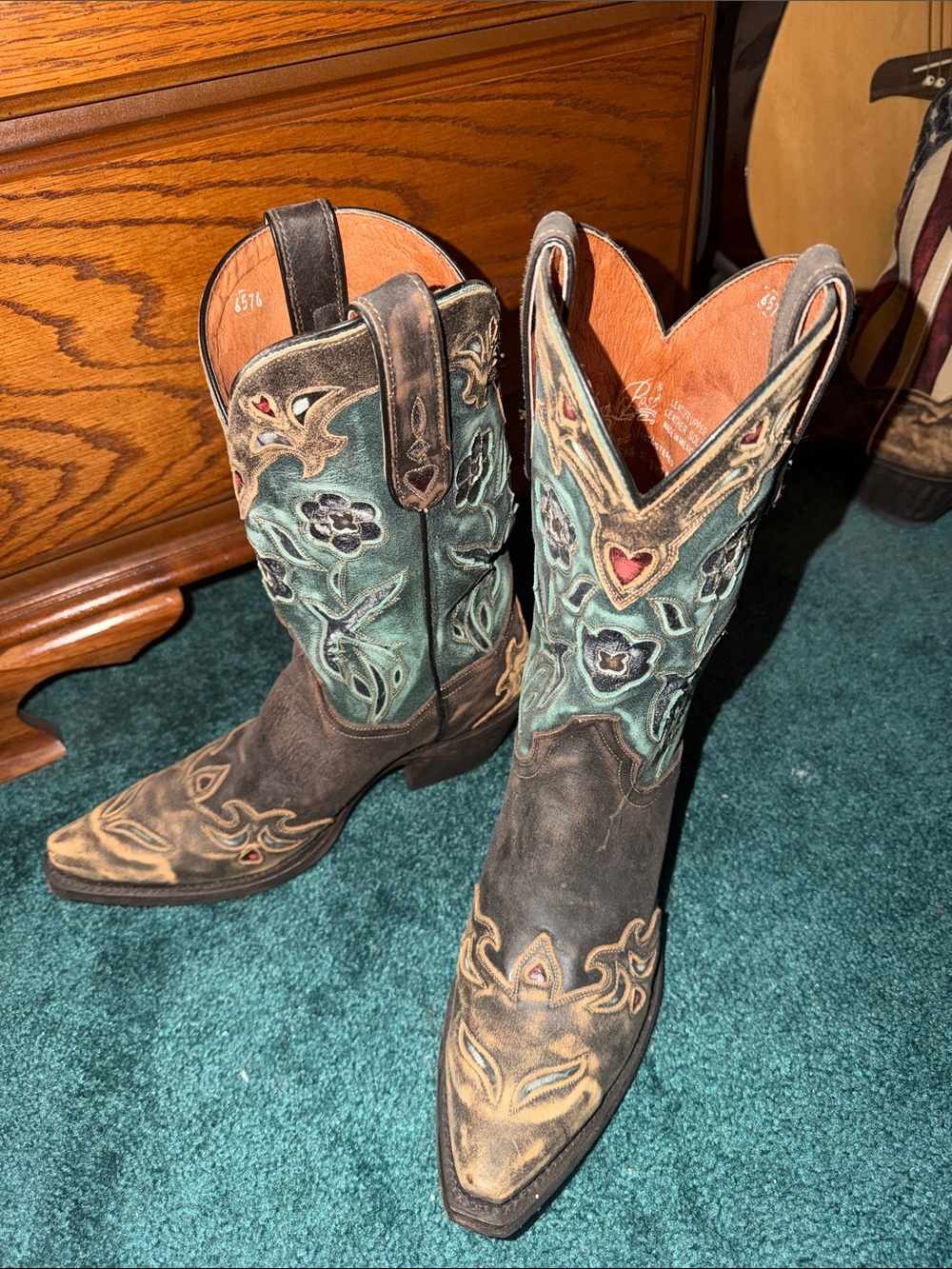 Women's Distressed Black and Teal Embroidered Western Boots